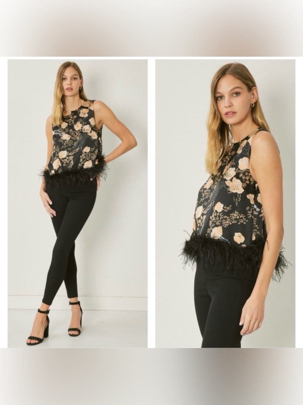 Entro NWT Black Floral Faux Feather Trim Sleeveless Top S Party Blouse